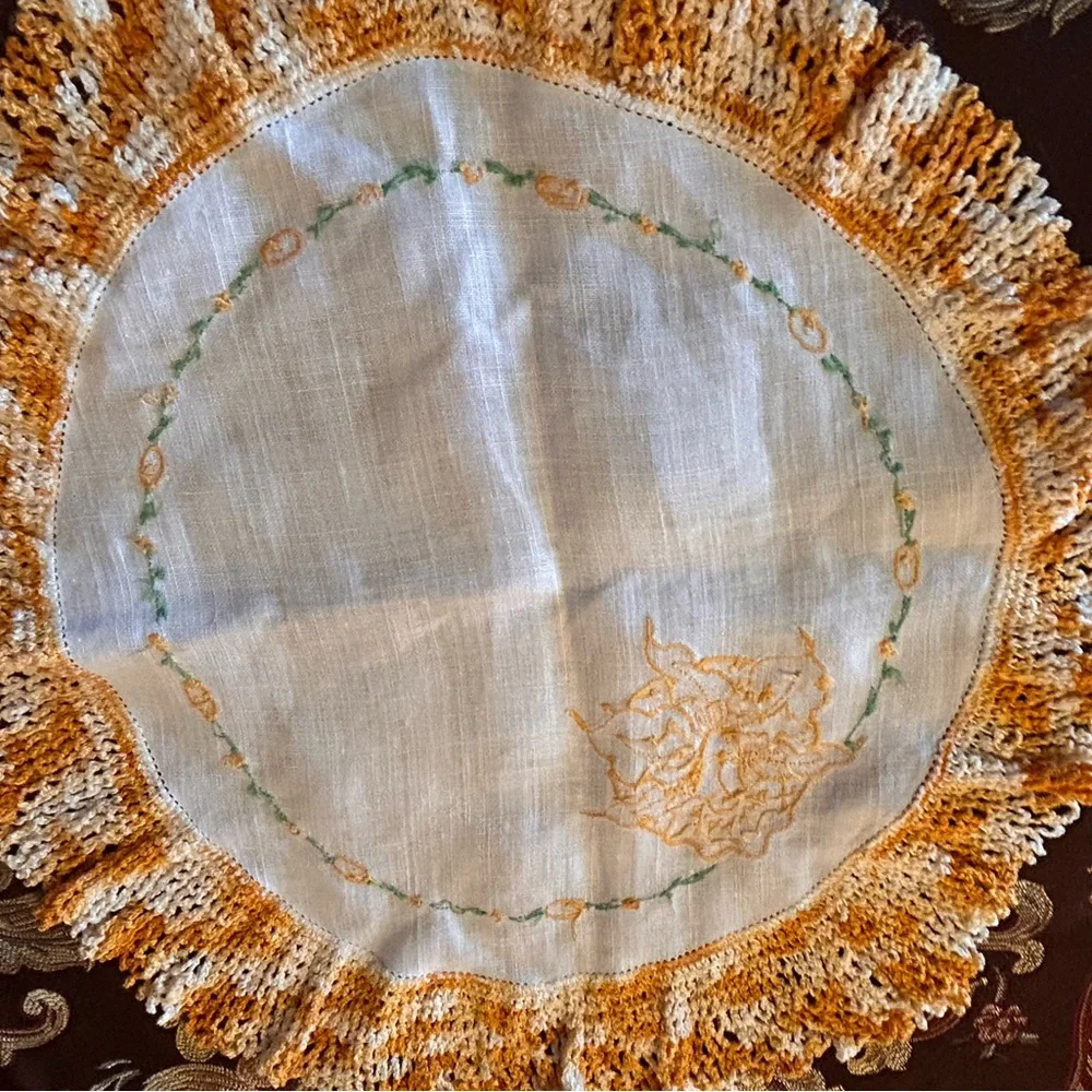 Vintage‎ Orange & White Crochet Circle Doilies 2PC Set